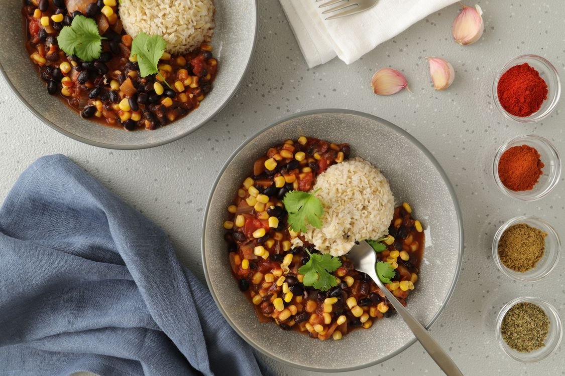 Black-bean and corn chili served with rice