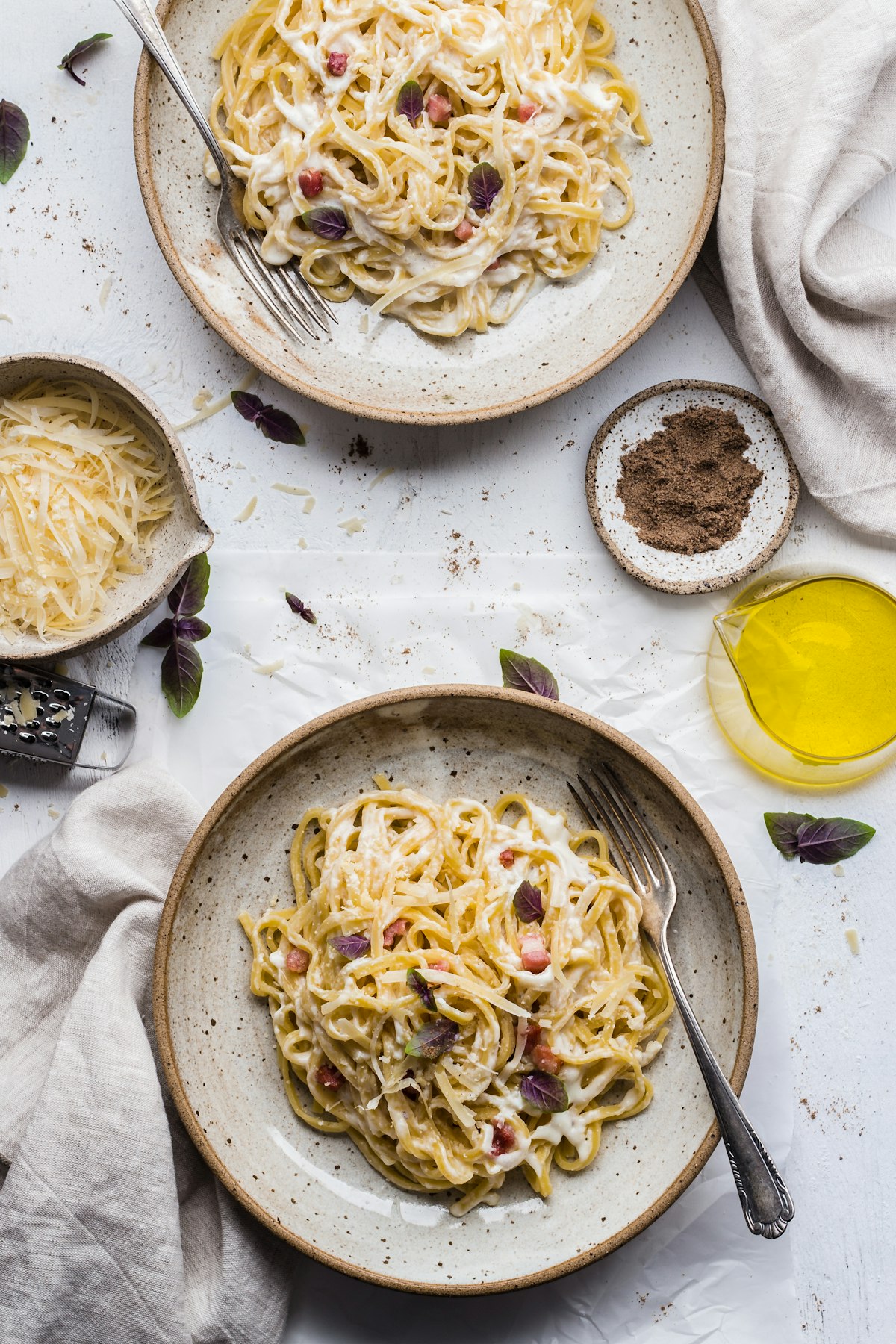 Pasta dishes on a family table